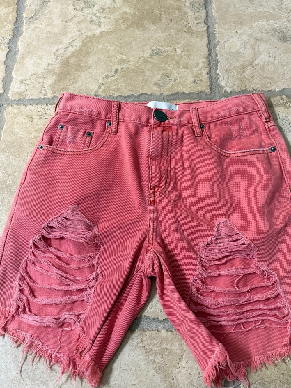 One Teaspoon Men's Distressed Coral Pink Denim Shorts